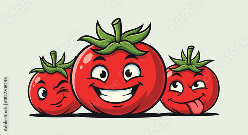 Playful tomatoes with expressive faces cartoon illustration with copy space
