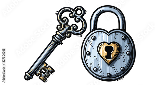Vintage key and lock with heart-shaped keyhole, stylized marker art illustration
