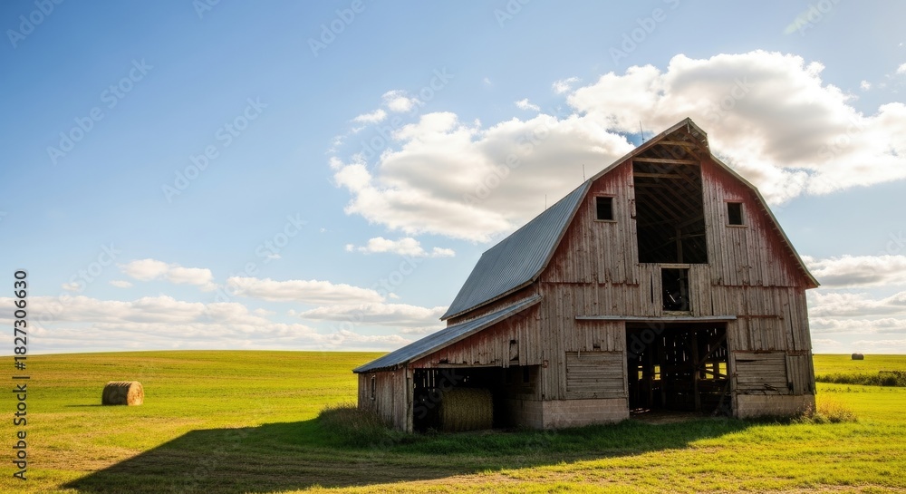 Obraz premium An old, weathered barn with a red roof and white walls, surrounded by a green field with a few bales of hay.