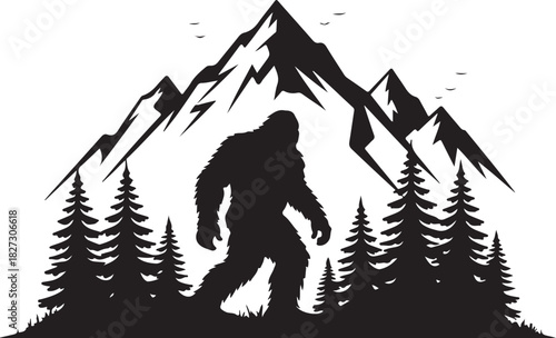 Bigfoot explores forest with mountains and trees silhouette 
