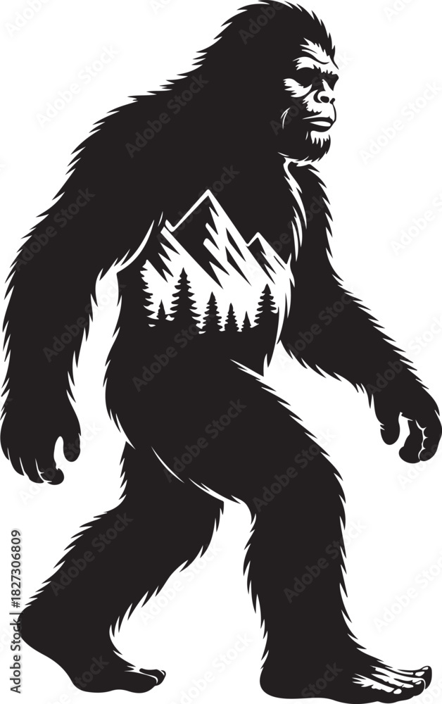 Fototapeta premium Bigfoot silhouette with mountain and forest interior