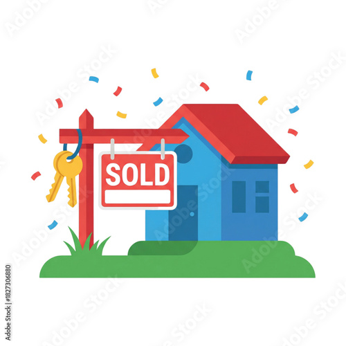 House Sold Sign with Keys and Confetti, Real Estate Transaction Complete and Celebrated