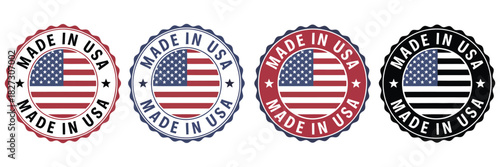 Made In USA Badge Design Featuring Circular Emblem With American Flag Elements, Patriotic Label In Premium Stamp Style, Clean Vector Showing Certification Seal And Authentic Product Mark For Branding
