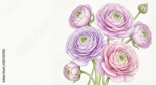Soft watercolor illustration of ranunculus in pastel lavender, lilac, and blush palette with dreamy gradients and romantic highlights on airy white background with copy space