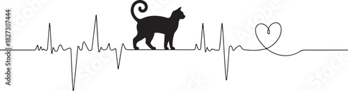 Heartbeat line with bengal cat silhouette cat and heartbeat frequency with heart