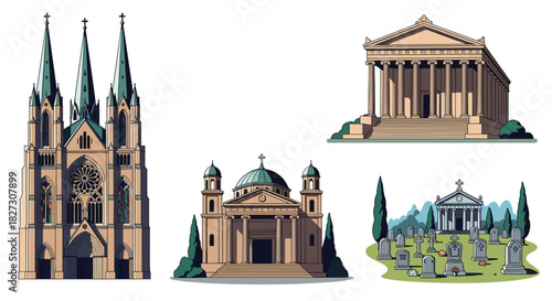 Explore historic architecture and sacred spaces with this captivating collection of churches, temples, and serene cemeteries for any project need
