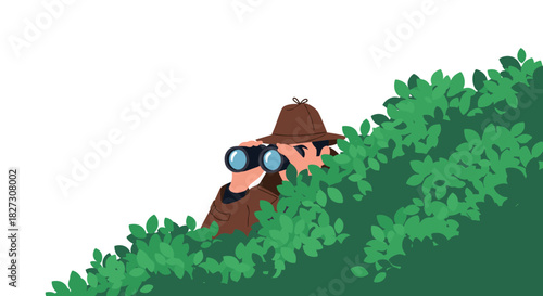 Mysterious figure spying through binoculars from behind lush foliage, perfect for intrigue, investigation, or suspenseful storytelling scenarios
