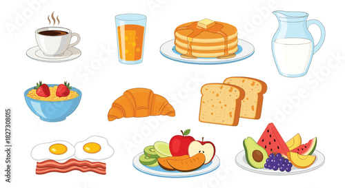 Delicious breakfast food assortment with pancakes, eggs, fruit, and coffee ideal for promoting healthy eating and morning routines, perfect for recipe books
