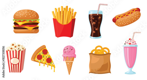 Delicious fast food feast beckons with burger, pizza, fries, hotdog, milkshake, pretzels, soda and ice cream for a fun, carefree indulgence