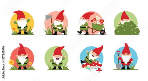 Charming collection of garden gnomes doing chores and having fun, perfect for adding a touch of whimsy to your projects or seasonal designs