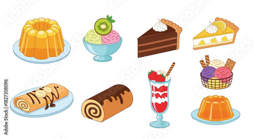 Indulge in vibrant dessert delights like pudding, ice cream, swiss roll, cake and parfait for a sweet tooth's ultimate fantasy creation