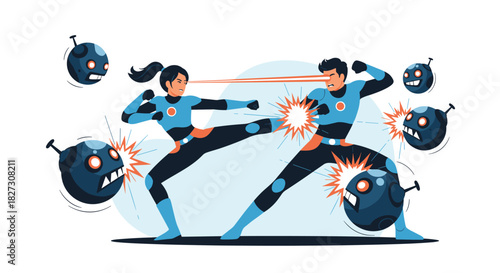 Dynamic characters fighting against evil robots with laser beams and powerful kicks in an action packed battle for world domination