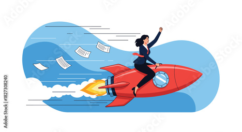 Dynamic businesswoman riding rocket to success, papers flying, celebrates career growth and innovation in a vibrant illustration, perfect for startups