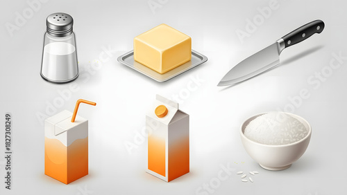 Culinary Essentials Salt Butter Knife Juice Milk and Cottage Cheese.