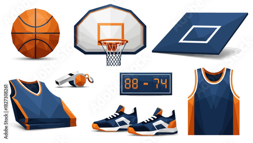 Basketball Sport Collection Ball Hoop Jersey Shoes Whistle Scoreboard Icons Game Equipment and Gear