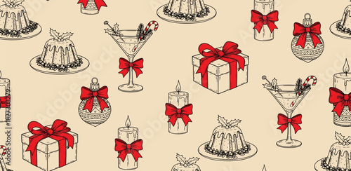Festive Pattern of Christmas Presents, Candles, and Martini Glasses with Candy Canes