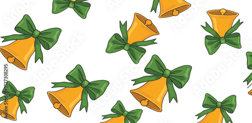 Festive Gold Bells with Green Bows A Cheerful Seamless Pattern for Holiday Celebrations