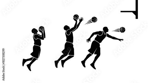 Dynamic Basketball Player Silhouette Sequence Showing Jump Shot and Dunk