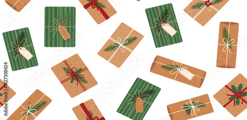 Seamless pattern of beautifully wrapped holiday gifts with festive ribbons and tags, perfect for joyful celebrations and special occasions and conveying a spirit of generosity