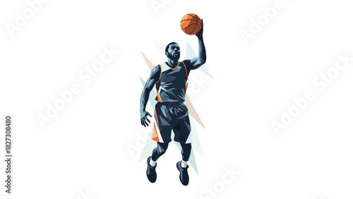 Dynamic Basketball Player Leaping for a Slam Dunk Shot Action Sport Illustration