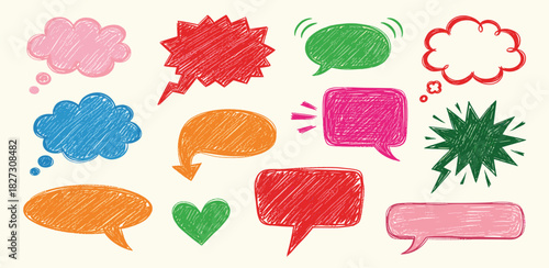 Diverse Crayon-Textured Speech Bubbles and Thought Clouds for Expressive Dialogue, Idea Sharing, and Artistic Communication Designs