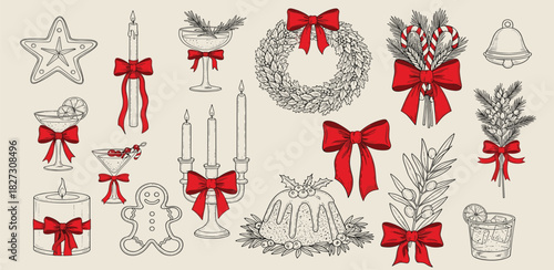 Christmas and holiday icons, festive decor and treats for winter celebrations