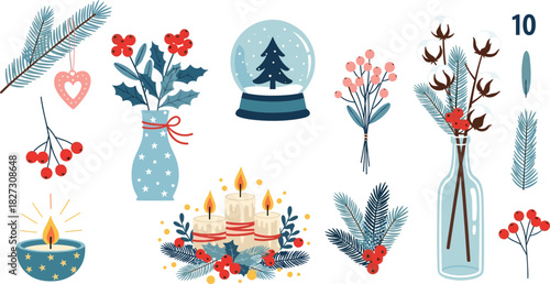 Festive Winter Icons Snow Globes, Candles, and Holiday Botanical Elements for Design