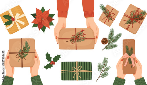 Joyful Christmas Gift-Giving Collection Hands Presenting Beautifully Wrapped Holiday Presents with Festive Decorations, Ideal for Seasonal Celebrations and thoughtful exchanges