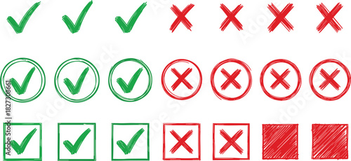 Diverse set of doodle-style green check marks and red cross icons, perfect for conveying acceptance, rejection, right, or wrong in various applications and digital interfaces