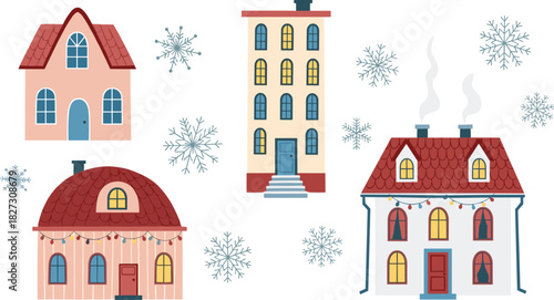Charming Winter Village Illustration Festive Houses with Snowflakes for Holiday Designs and Decorations