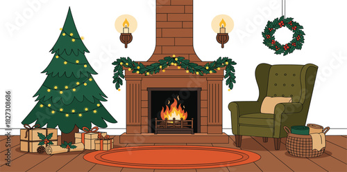 Christmas festive season illustrations with candles, wreath, and festive drink
