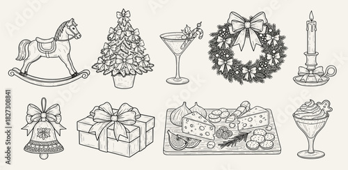 Elegant monochrome line art set showcasing diverse festive elements for holiday celebrations, featuring gifts, seasonal decorations, as well as delicious treats and beverages
