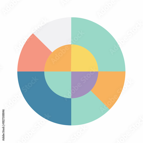 A minimalist flat design illustration of a circular chart with four equal segments and a central circle, showcasing a variety of pastel colors, perfect for data visualization and infographic elements