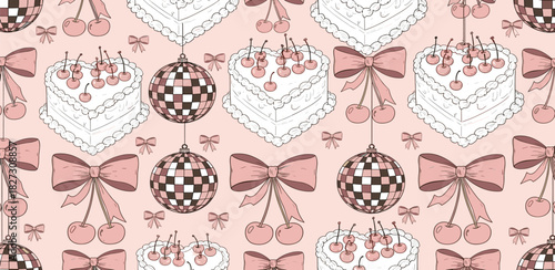 Romantic pink pattern featuring cakes with cherries, bows, and disco ball decorations for festive occasions