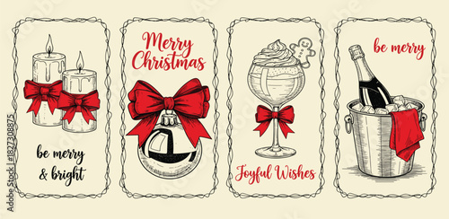 Festive Christmas greeting card designs featuring candles, ornaments, drinks, and champagne for holiday well wishes