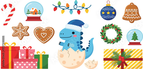 Charming Holiday Collection Festive Christmas Decorations, Sweet Gingerbread Treats, Gift Boxes, and a Whimsical Hatching Dinosaur Adorned with a Santa Hat