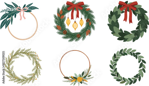 A festive collection of hand-drawn Christmas wreath illustrations for seasonal decoration and holiday designs