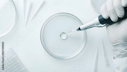 High-key overhead macro of a pipette dispensing a perfect droplet into a petri dish on a clean lab bench. Frosted glass and neutral whites convey precision and clinical trust.