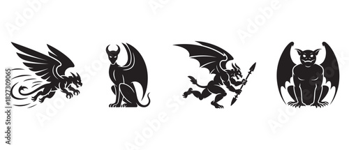Gargoyle Silhouette Designs, Mythical Winged Creature Vector Art Collection.
