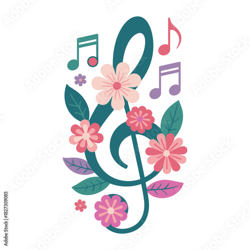 Floral treble clef with musical notes and flowers