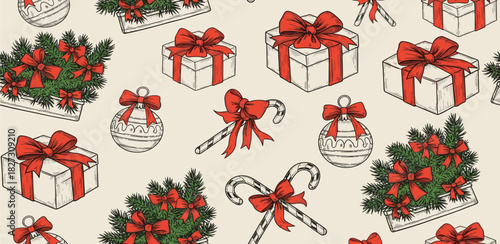 Seamless Pattern of Christmas Gifts, Candy Canes, and Wreaths - Festive Holiday Design