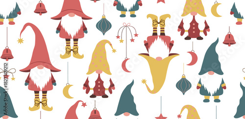 Festive gnome and ornament pattern whimsical illustration for holiday season decorations