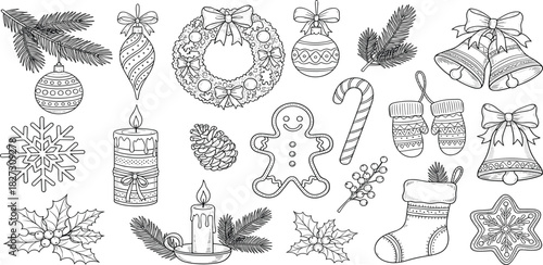 Hand-drawn collection of traditional Christmas holiday symbols, including ornaments, a gingerbread man, and a wreath for festive coloring designs