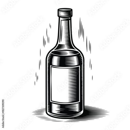 Vintage etching style bottle with blank label and woodcut texture