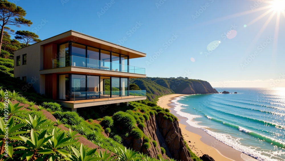 Fototapeta premium Modern cliffside house overlooking ocean beach