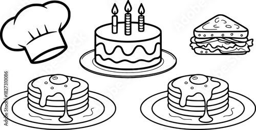 A Collection of Delicious Food Items and a Chef's Hat in a Simple Line Drawing