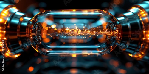 Intricate glowing particles flow elegantly through modern tech assembly for innovative design