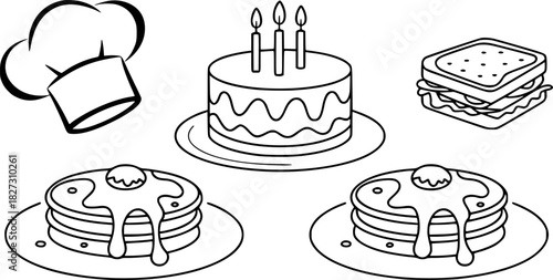A Chef's Hat, Birthday Cake, Sandwich, and Pancakes with Syrup - Line Art