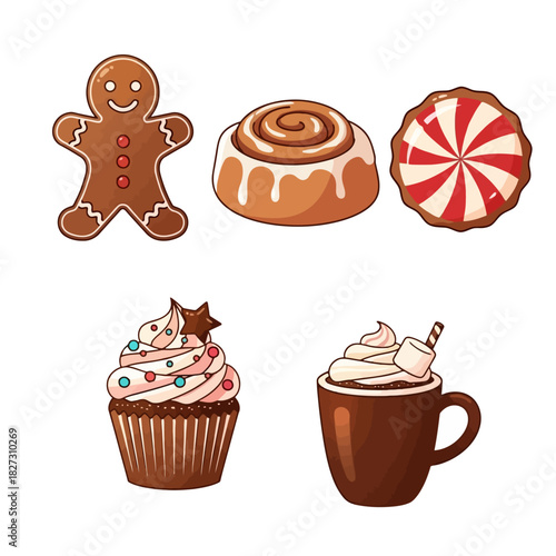 Cute Christmas Dessert and Hot Cocoa Icon Set