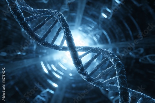 glowing DNA double helix in futuristic blue-white light tunnel, pharmaceutical biotech innovation,